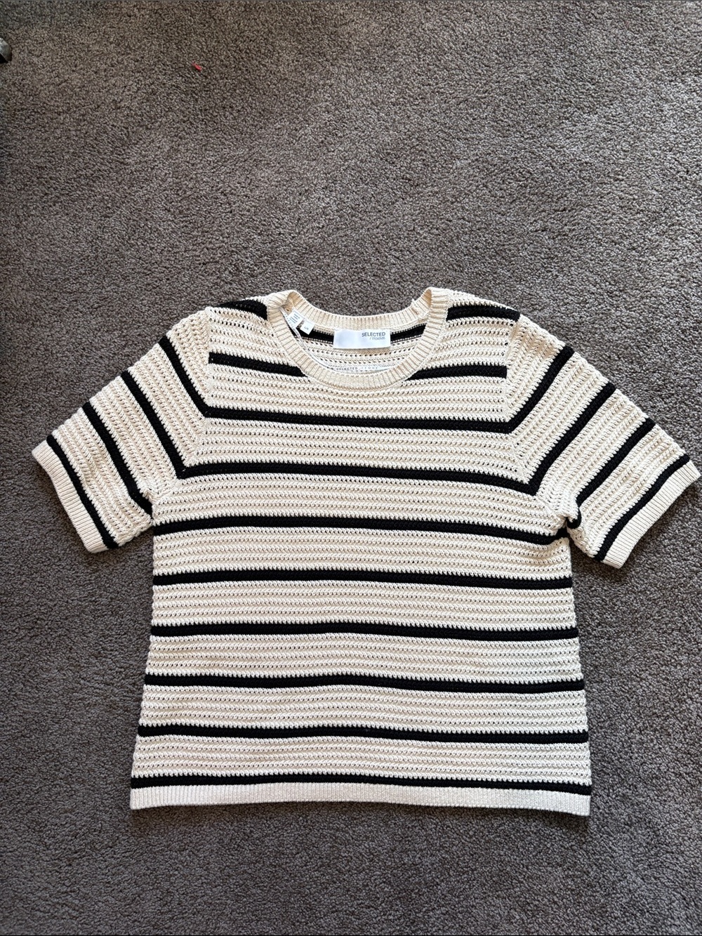 Striped Knit Short Sleeve Top - Cream & Black